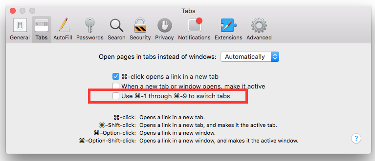 screenshot of Safari preferences window. The Tabs tab is selected. A red rectangle highlights the checkbox that is used to indicate the feature in this post.